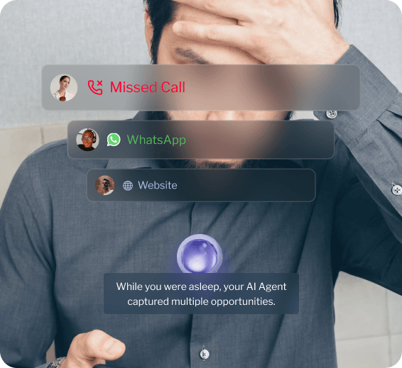 Man covering face with overlay showing missed calls and opportunities captured by AI agent